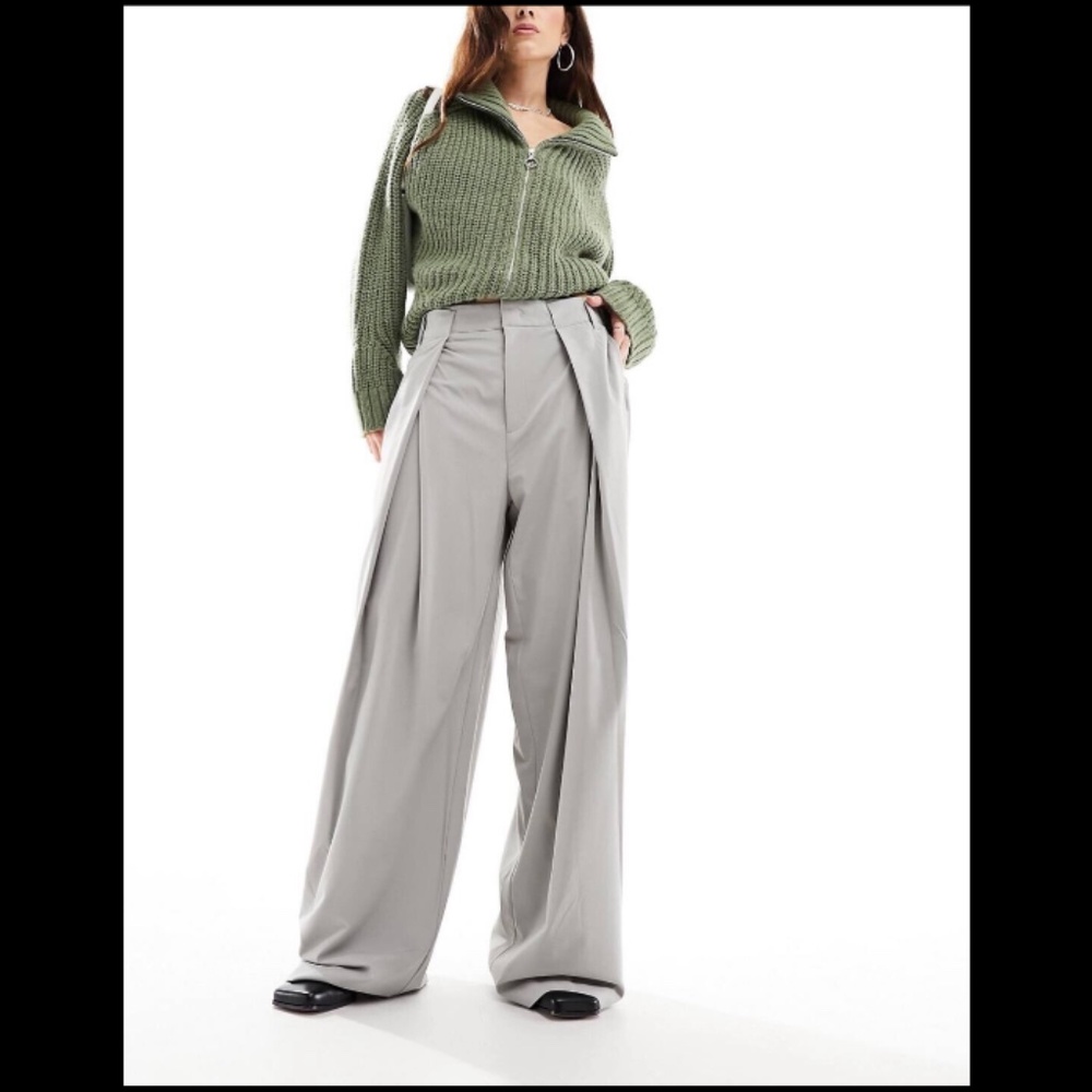 Bershka Boxer High Rise Wrap Over Wide Leg Tailored Trouser Pants Stone Size 10